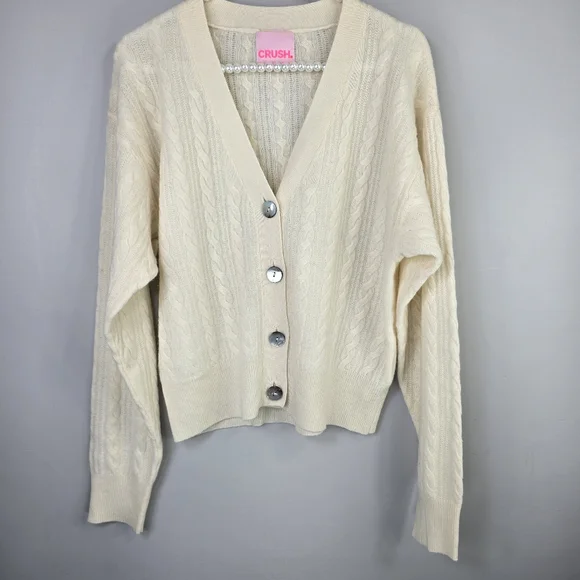 Crush Womens Cashmere Cream Ivory Cable Knit Soft Luxury Cardigan Sweater Top SM